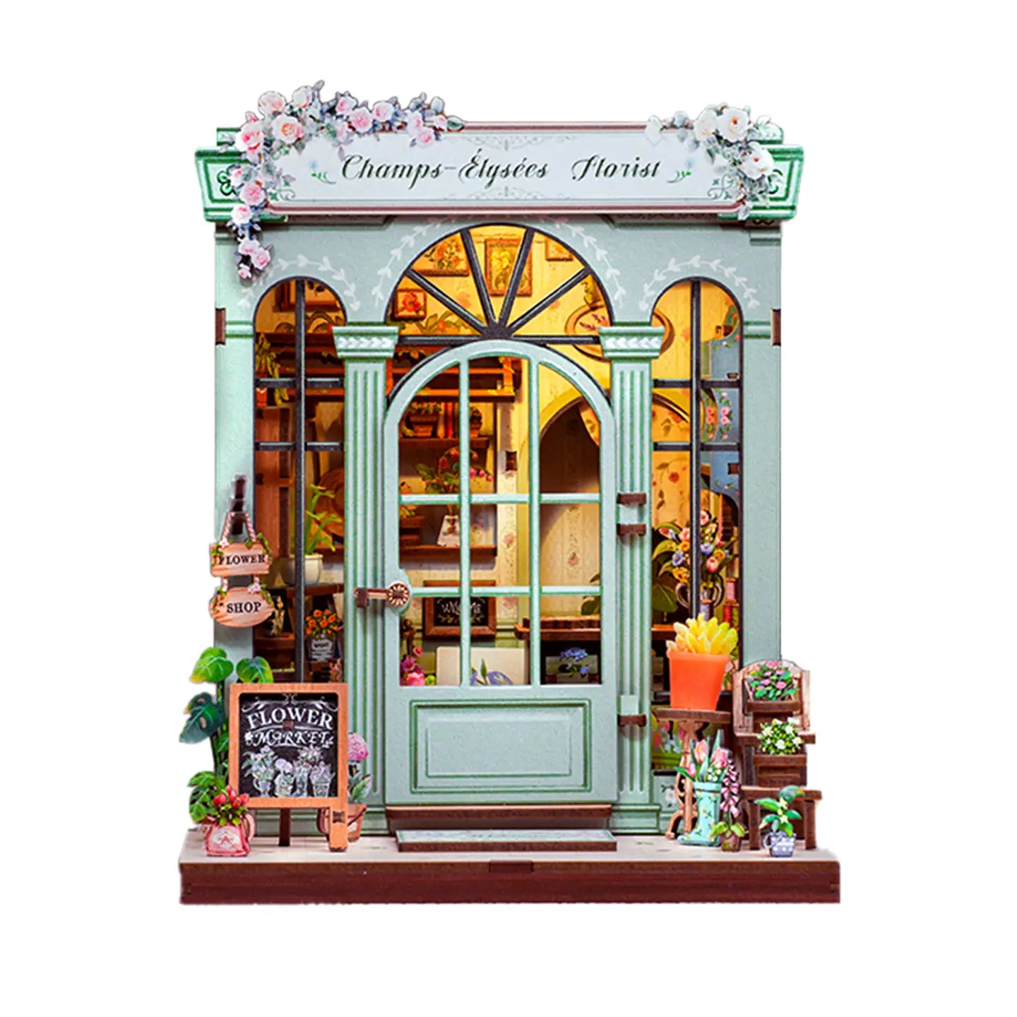 Champs-Élysées Florist miniature model by Hands Craft, showcasing detailed floral decorations and enchanting storefront, perfect for DIY Miniature Book Nooks.