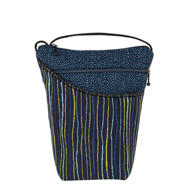 City Girl sling bag by Maruca presented in a modern striped pattern featuring blue and yellow lines on a navy backdrop, with a dual zippered compartment.