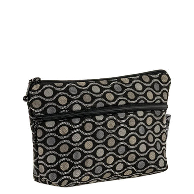Stylish polka dot cosmetic bag by Maruca in black and gray tones, designed with an additional zipped exterior pocket for extra storage.