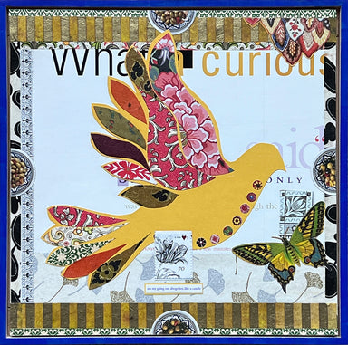 A vibrant mixed media collage by Hearts for the Arts titled 'Hearts for the Arts | For the Love of Humanity'. The artwork features a colorful bird and butterfly, showcasing intricate patterns and textures on a textured background. This piece, contributed by artist Tauna Coulson, is a unique representation of artistic expression, perfect for art enthusiasts.