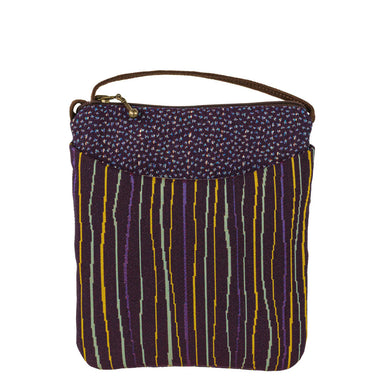 Cupcake by Maruca - A chic bag adorned with a rich purple and multicolored vertical stripe design, equipped with a convenient top zip closure.