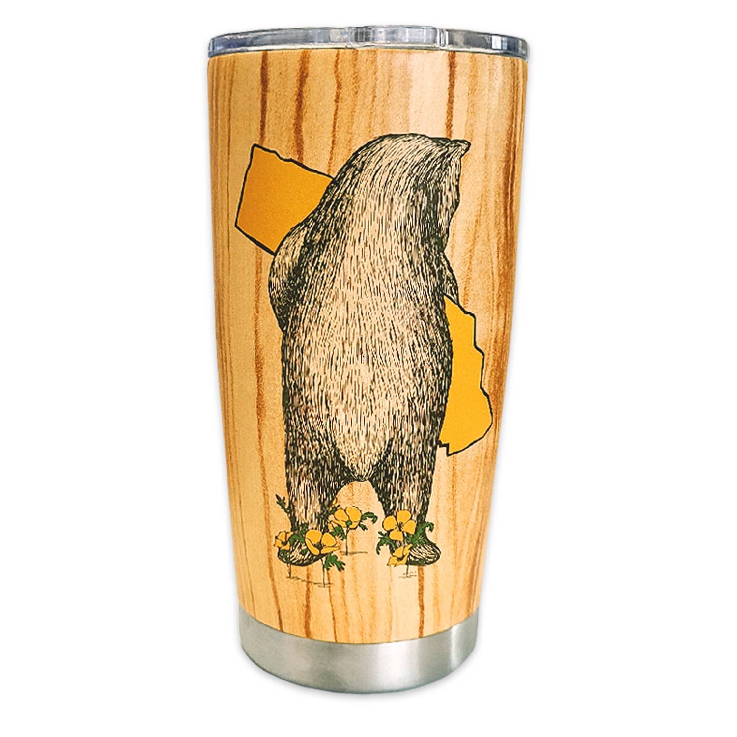California Woodgrain Bear Hug Travel Mug from SF Mercantile highlighting a detailed bear illustration against a woodgrain background with flowers.