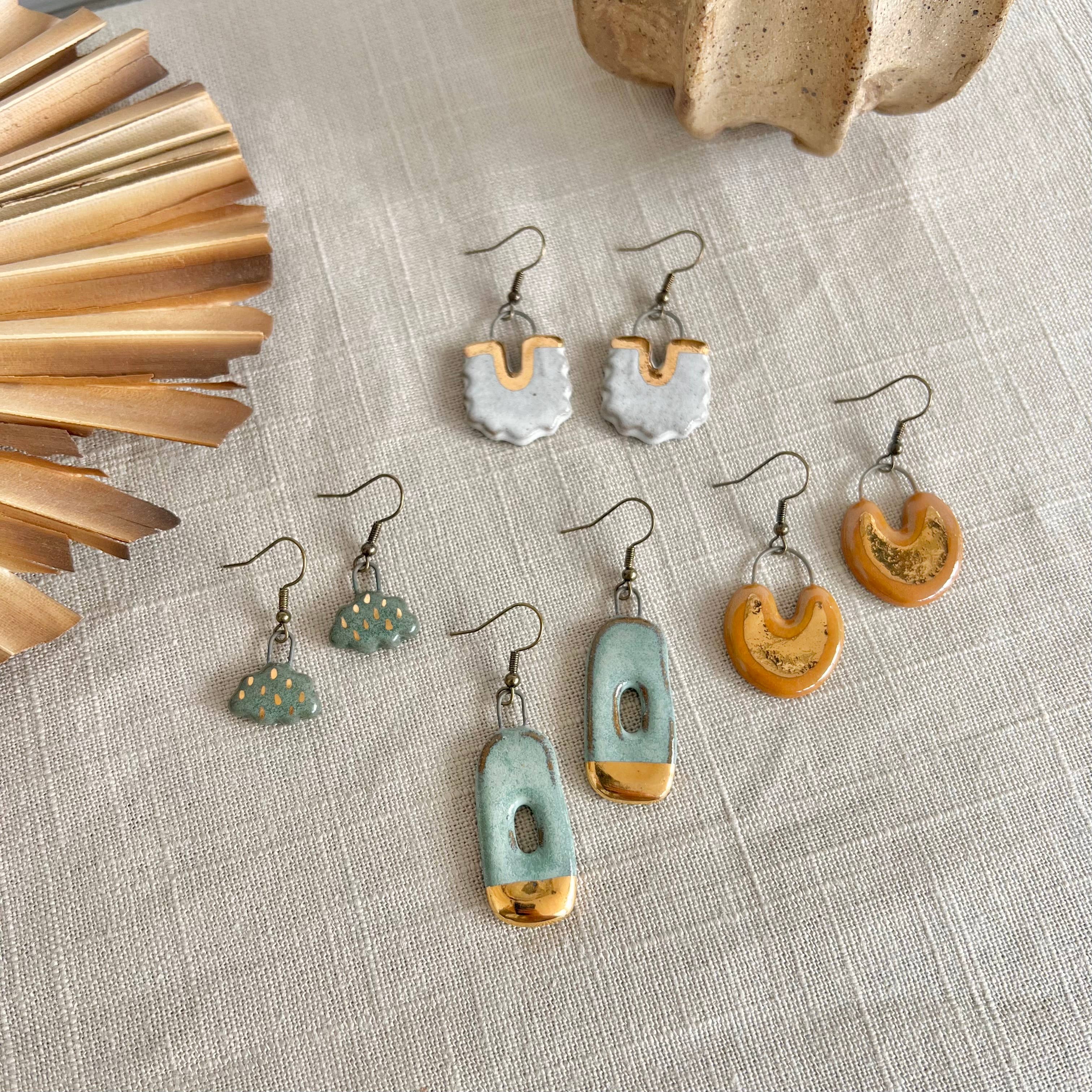 Turquoise Gold Dipped Abstract Hoop Ceramic Earrings