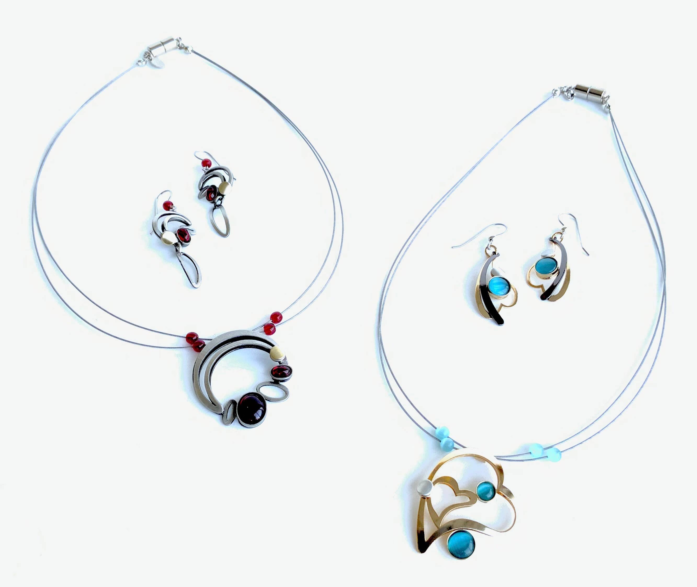 wire necklaces and earrings featuring mixed beads and acrylic gemstones