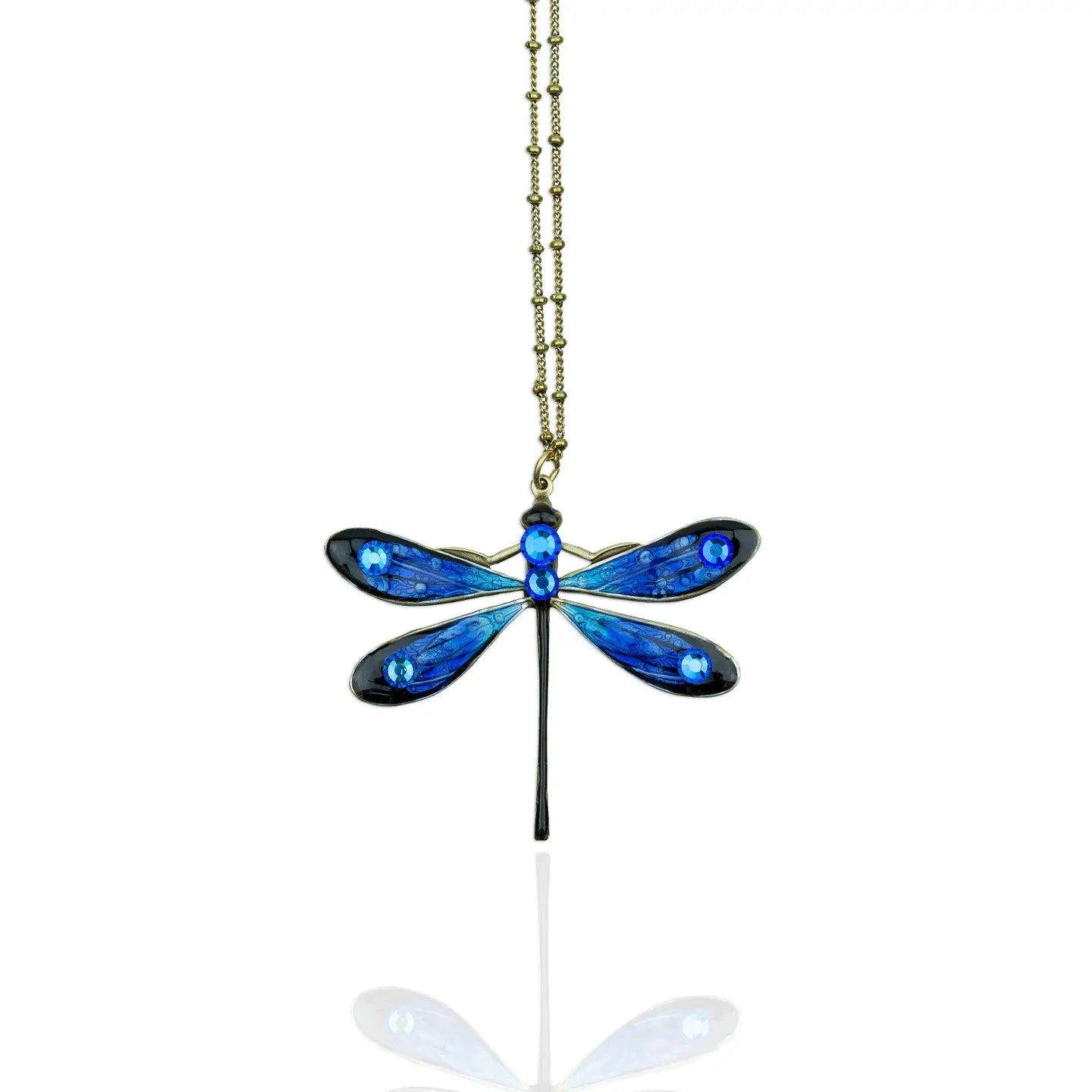 Stunning Crystal Dragonfly Necklace featuring black wings and a crystal crusted body, designed by Anne Koplik Designs.