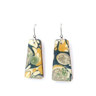 Mid century modern mustard yellow marble earrings crafted with hand-marbled UK paper and titanium hooks, perfect for sensitive ears.