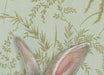 Detail of rabbit ears in a fine art print by Emily Uchytil, featuring a textured green background with delicate botanical elements.