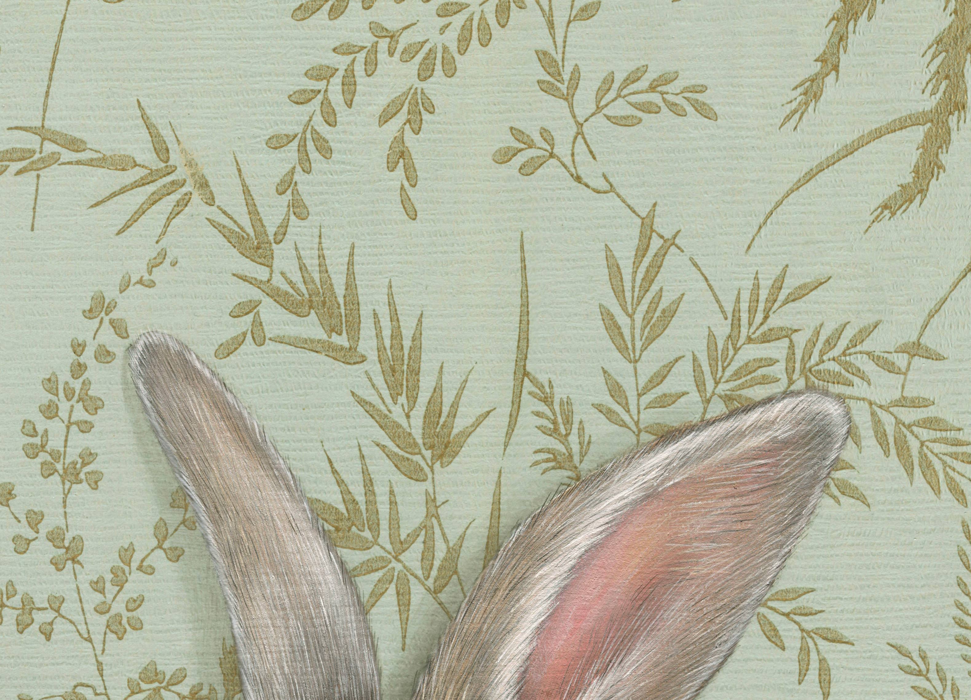 Detail of rabbit ears in a fine art print by Emily Uchytil, featuring a textured green background with delicate botanical elements.