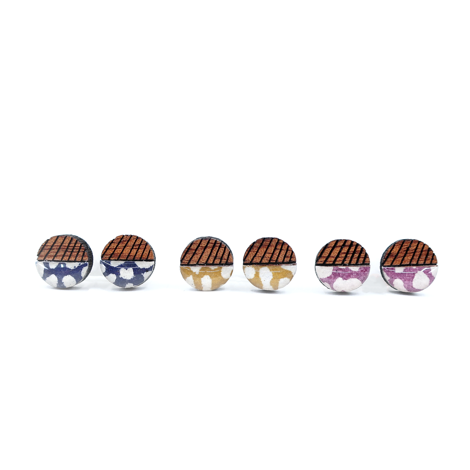 Stylish Mini geometric color block titanium studs made with Japanese Chiyogami paper, showcasing vibrant colors and modern design.