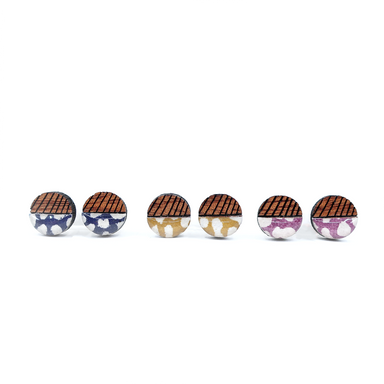 Stylish Mini geometric color block titanium studs made with Japanese Chiyogami paper, showcasing vibrant colors and modern design.