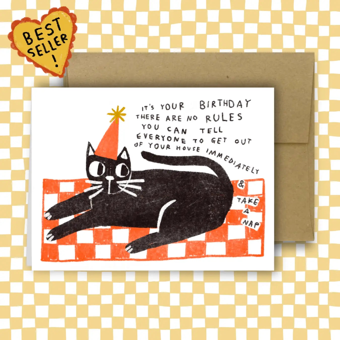 Birthday card with a black cat illustration and humorous text 'its your birthday ...'