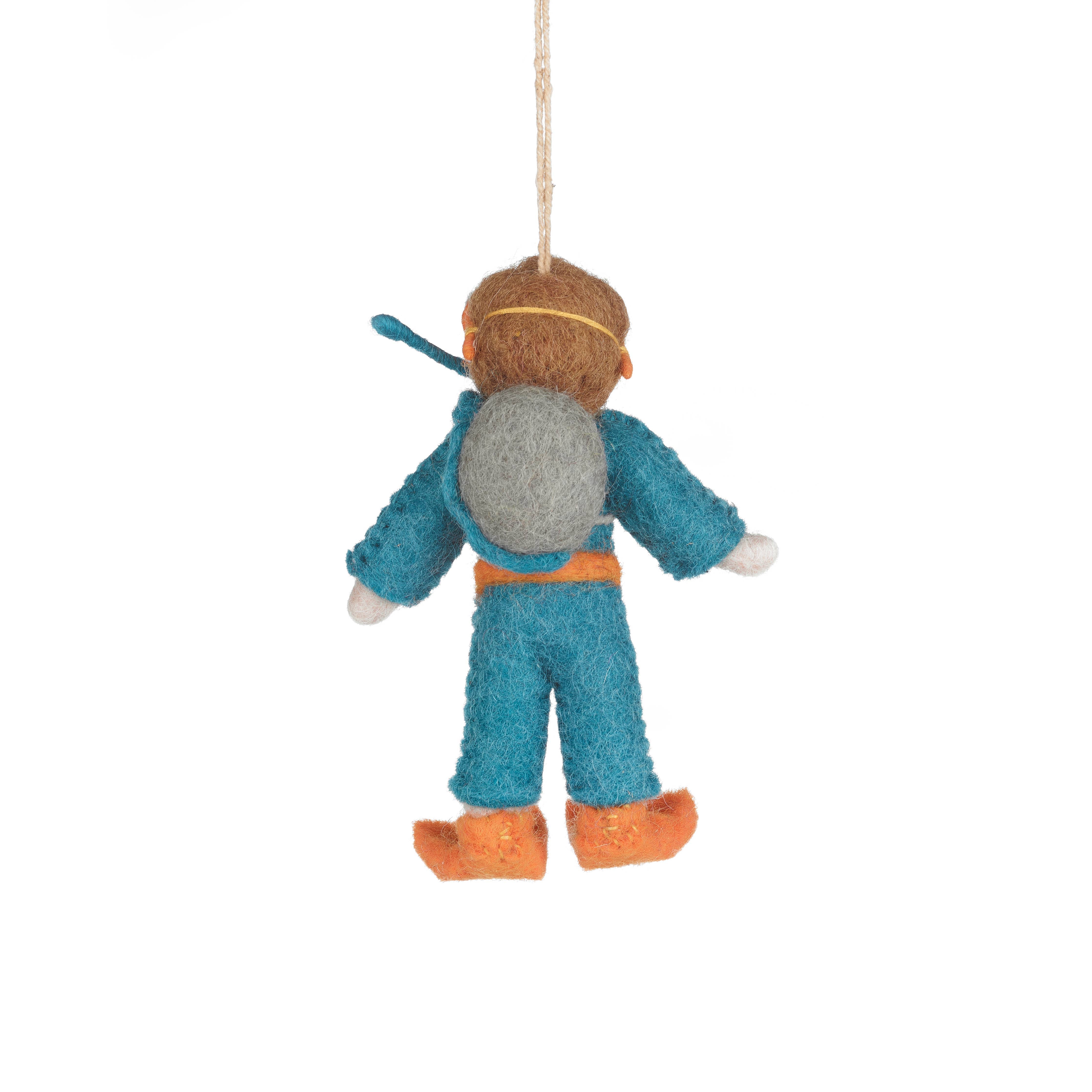 Felt Diver ornament wearing a blue suit with orange boots and gray goggles