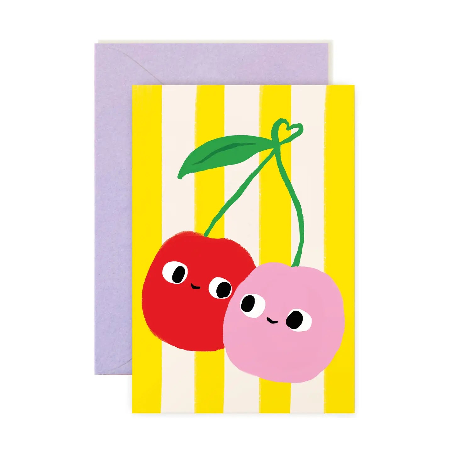 Cute cherry characters with happy expressions on mini note card from Karen Schipper Mini Note Card Collection, set against a yellow striped background.