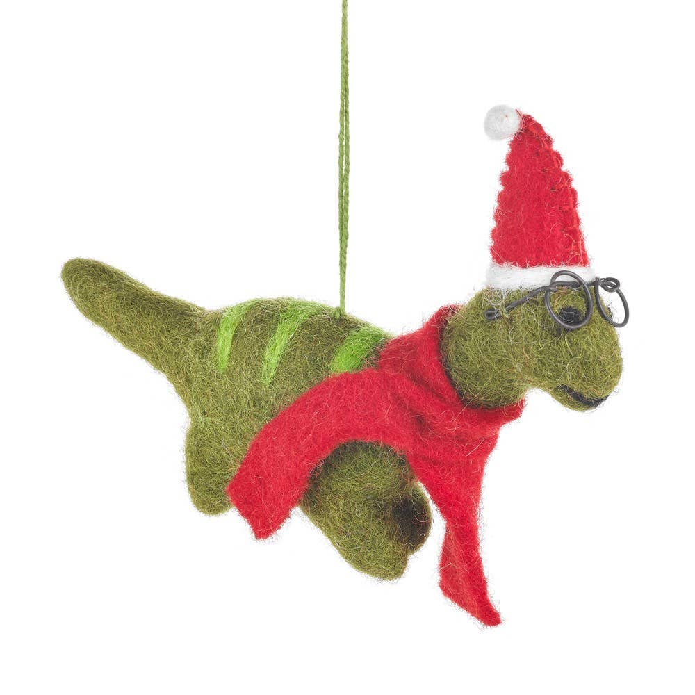 Handmade Felt Hanging Christmas Dinosaur with Specs Ornament