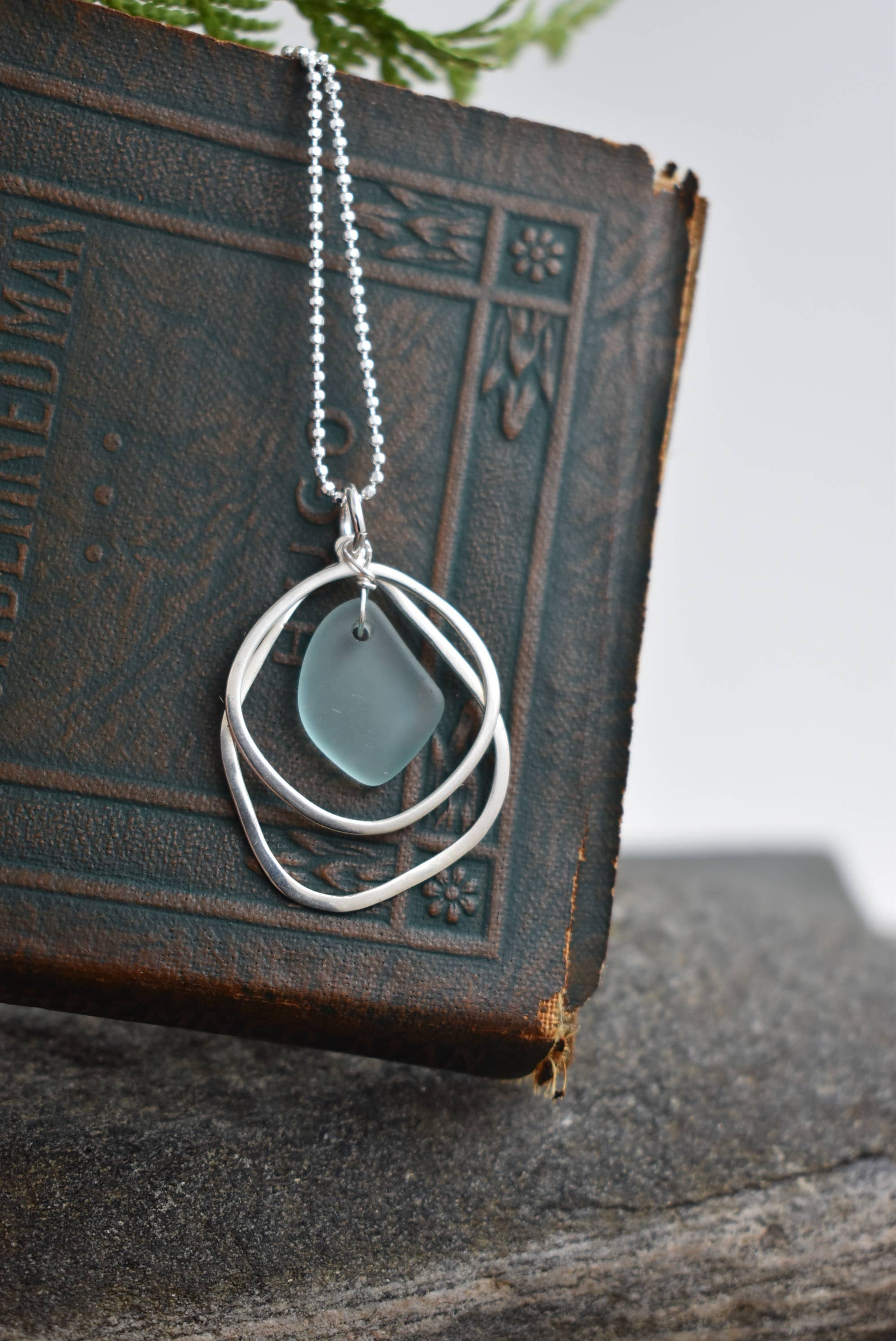 Organic double layer silver + glass pendant: 18 inch / AQUA
