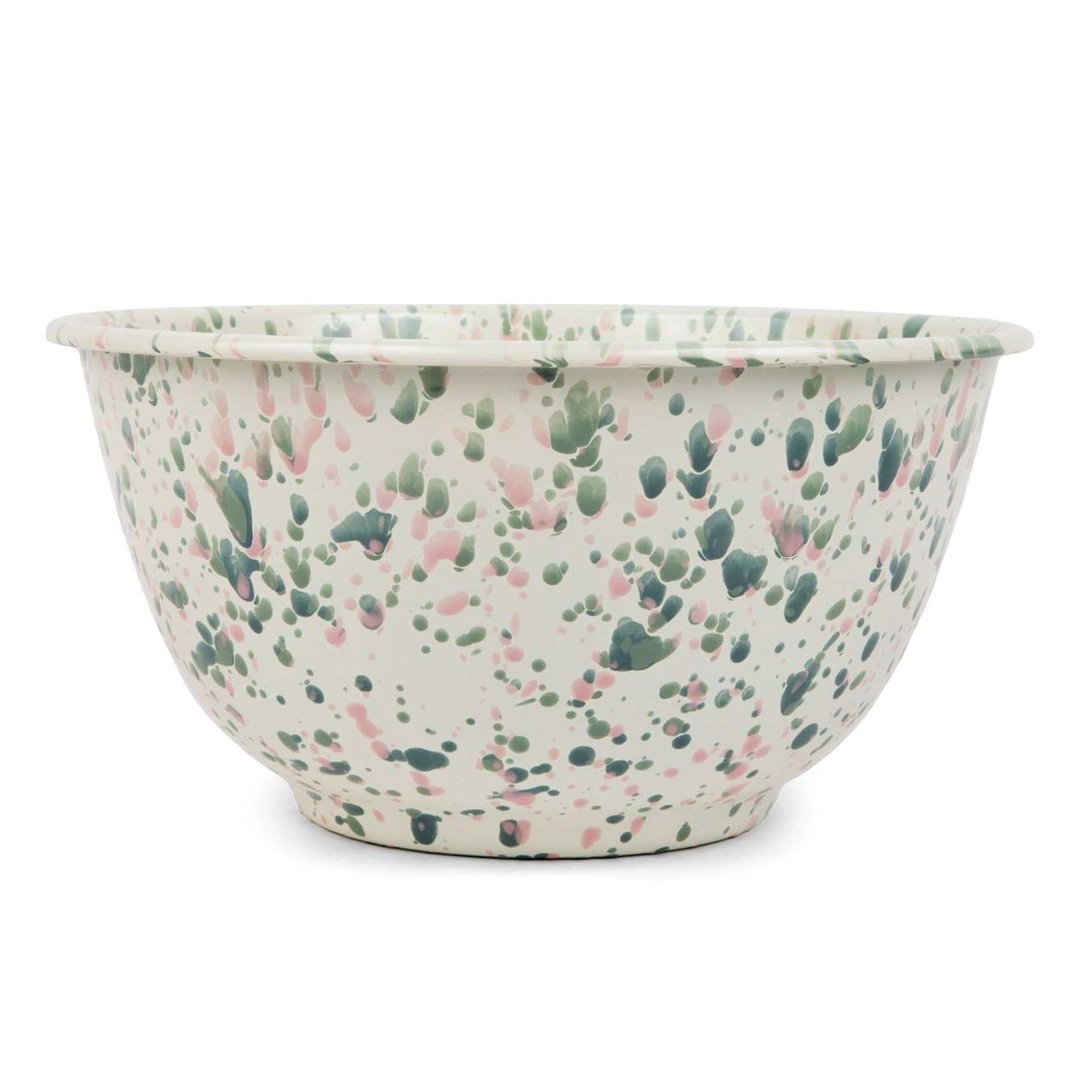 Green and pink splashed Catalina Large Salad Bowl by Crow Canyon Home. Made from high-quality enamelware, this bowl combines functionality with a chic design for serving salads or sides.