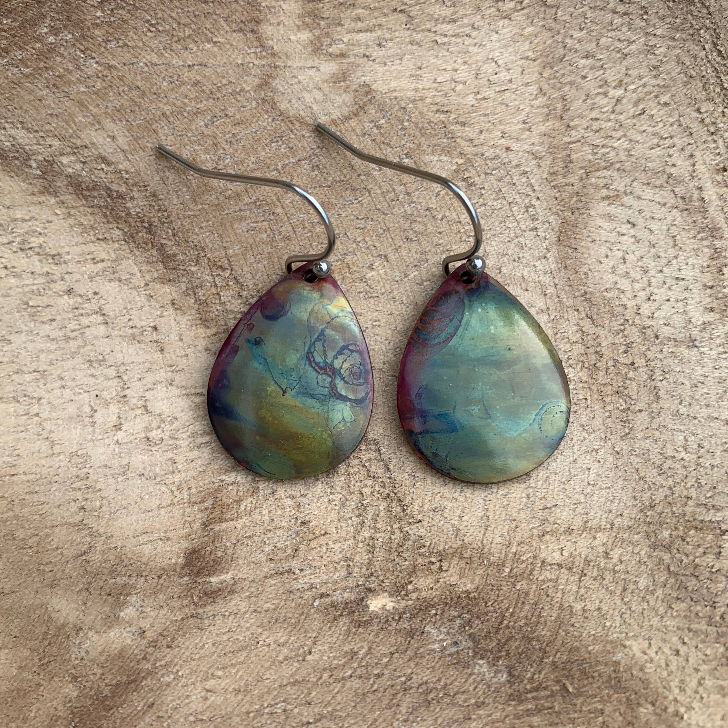 Small Teardrop Fire Painted Copper Earrings