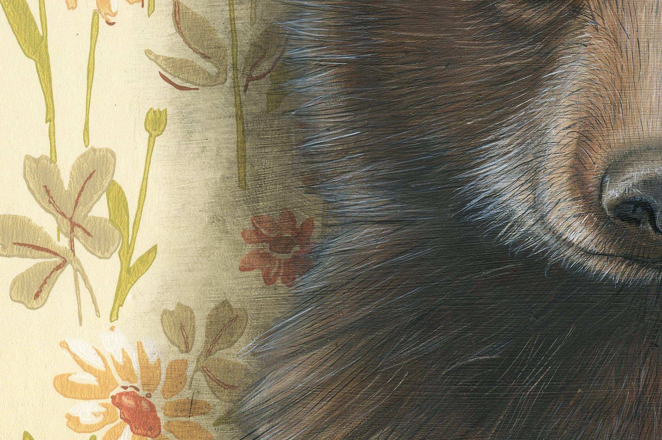 Original signed and framed art print featuring a bear cub portrait over a soft yellow floral background.