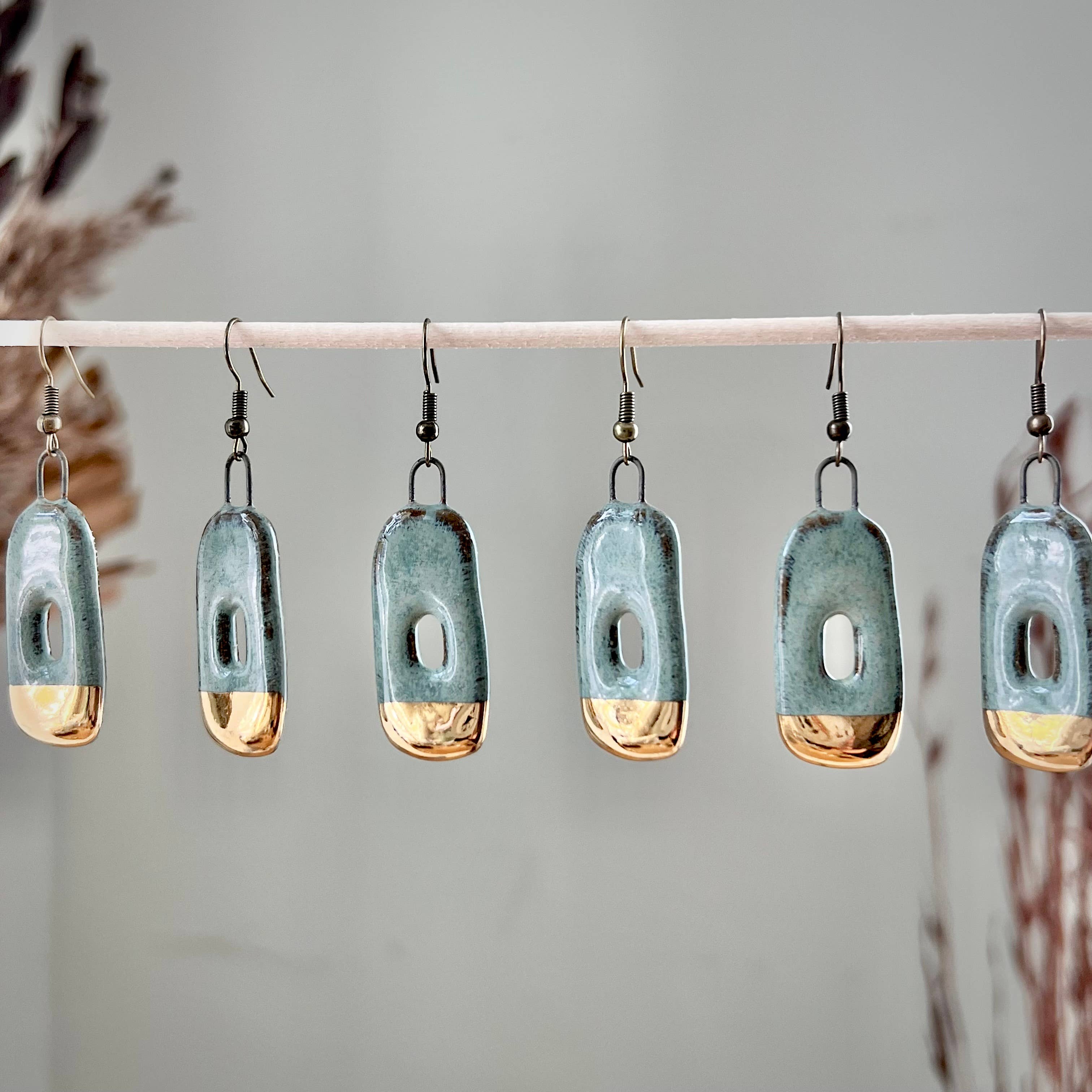 Turquoise Gold Dipped Abstract Hoop Ceramic Earrings