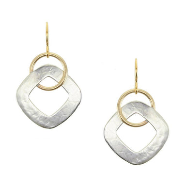 Medium Cutout Square with Interlocking Ring Wire Earrings featuring a silver cutout square with a brass interlocking ring, stylish and sculptural.