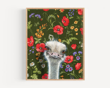 Ostrich fine art print by Emily Uchytil featuring a whimsical ostrich surrounded by colorful vintage floral wallpaper, perfect for nursery art decor.