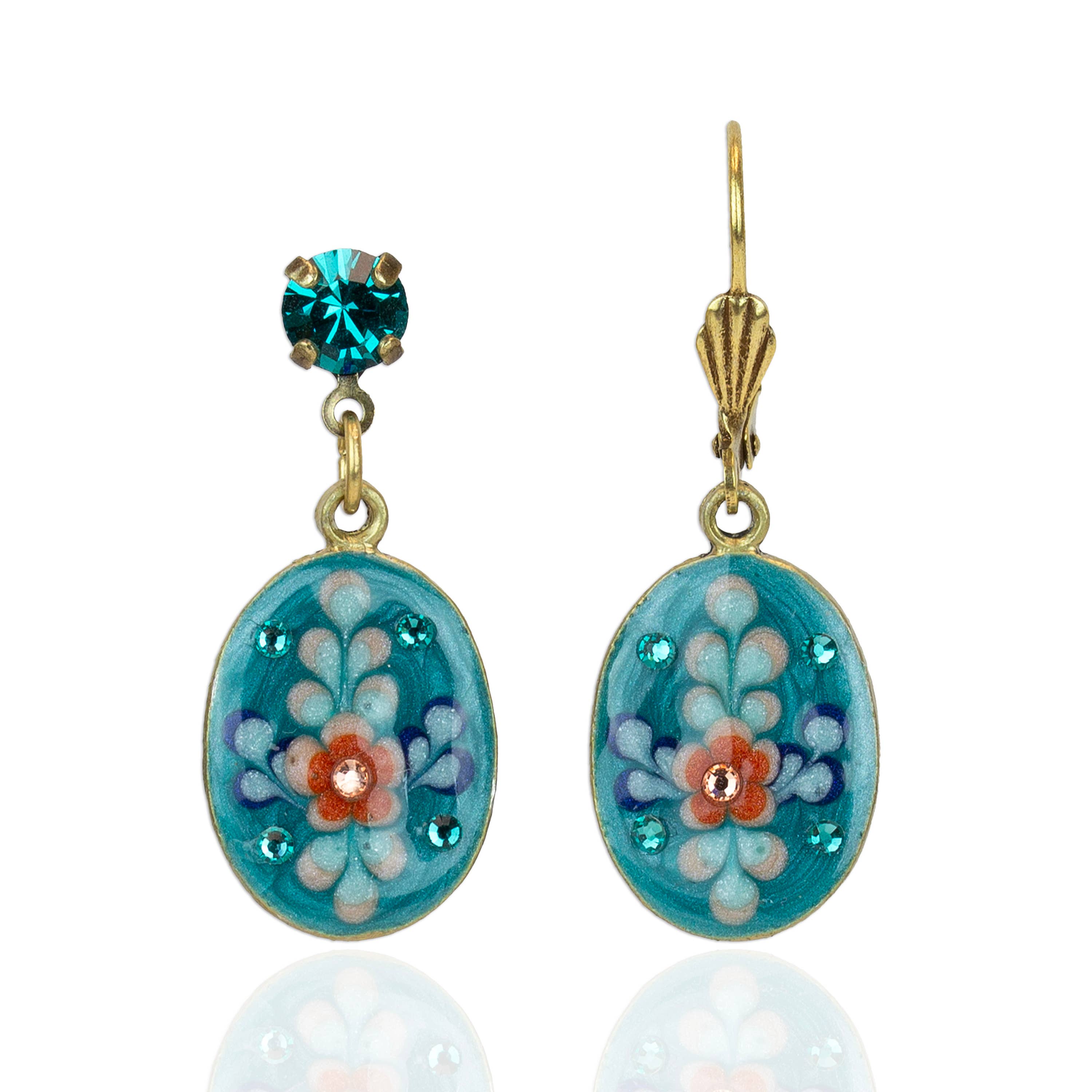 Pair of floral earrings with blue and gold accents