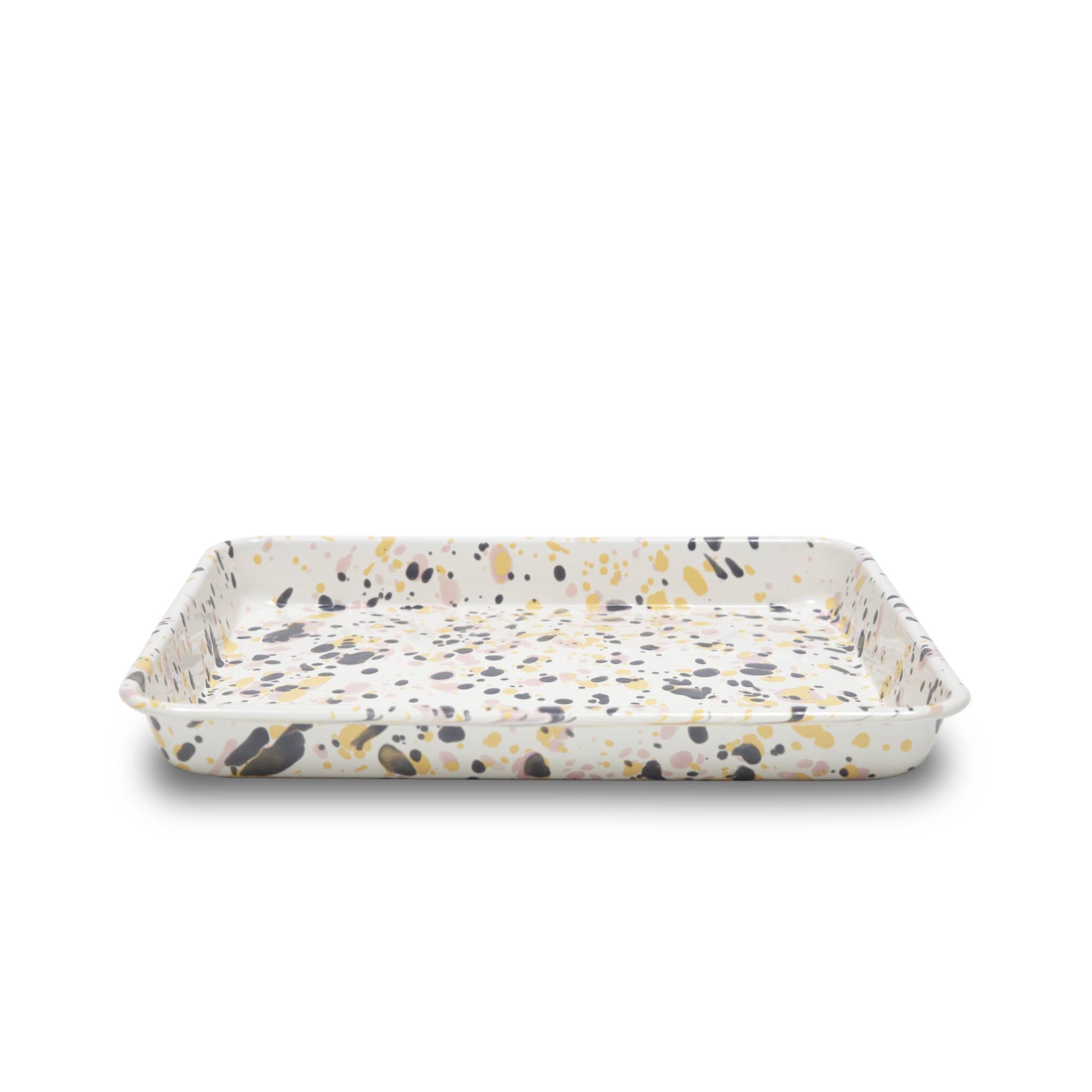 Catalina Enamelware Small Rectangle Tray by Crow Canyon Home with a unique speckled design in muted tones of gray and yellow.