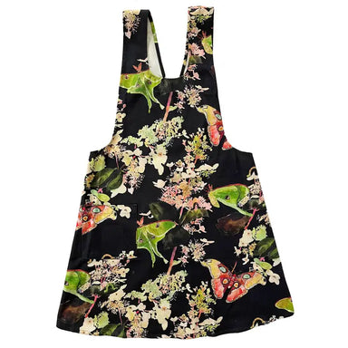 Nature apron by Betsy Olmsted Design showcasing a dark background with colorful frogs and moths among floral patterns, crafted from durable 100% cotton for cooking enthusiasts.