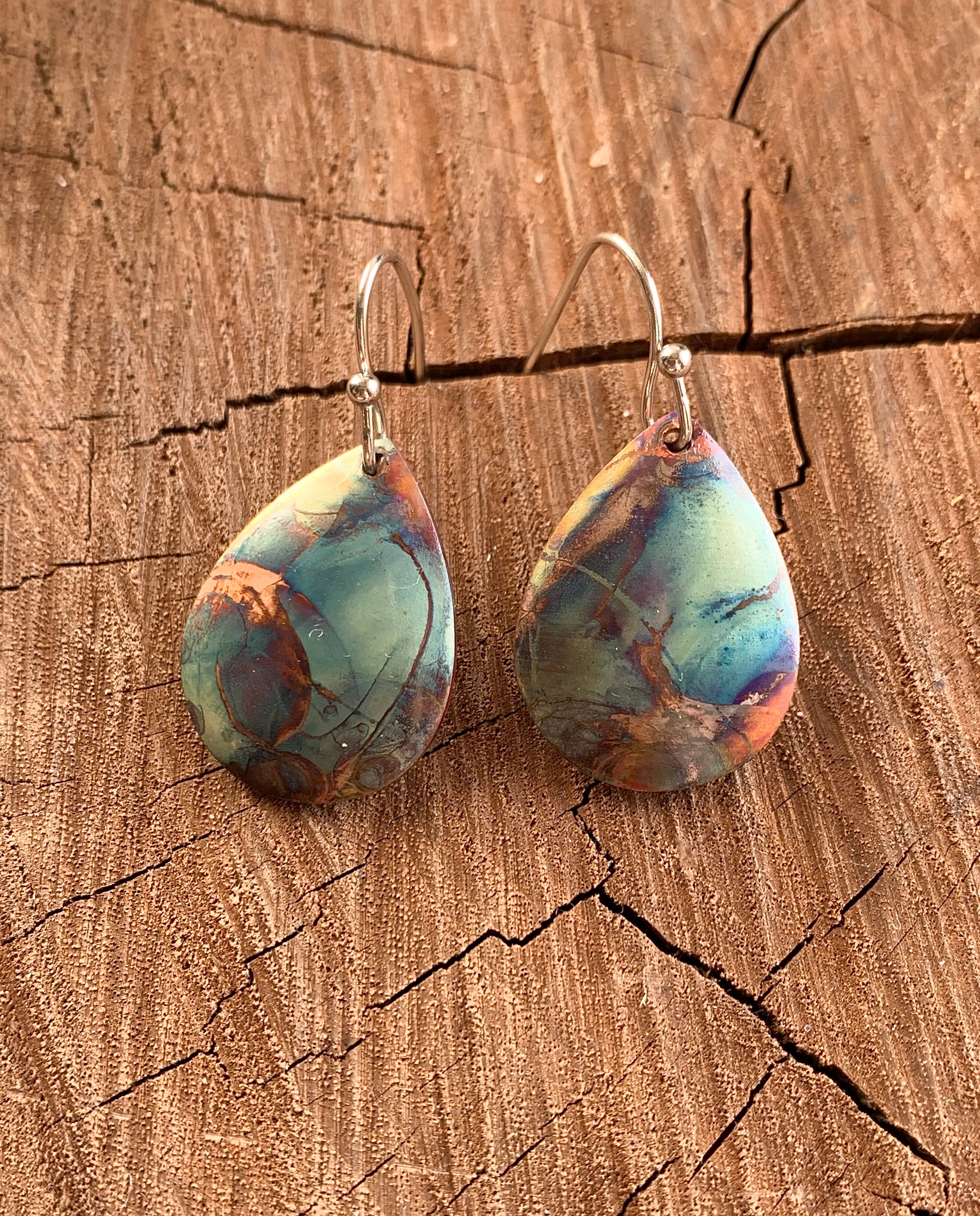 Small Teardrop Fire Painted Copper Earrings