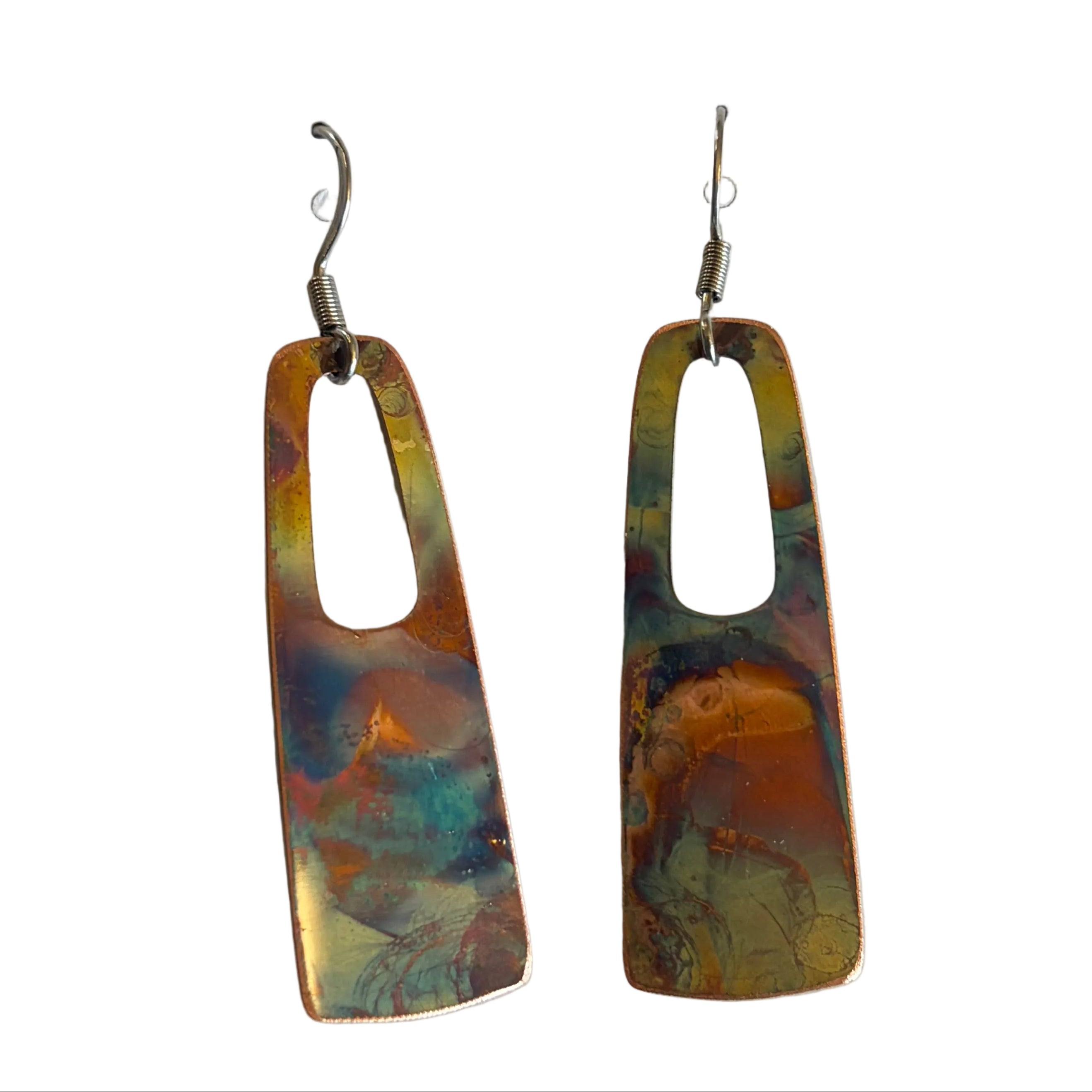 Hand-painted copper fire painted rectangle earrings with hole by Positive Shine Jewelry featuring vibrant colors and geometric design, perfect for making a bold statement.