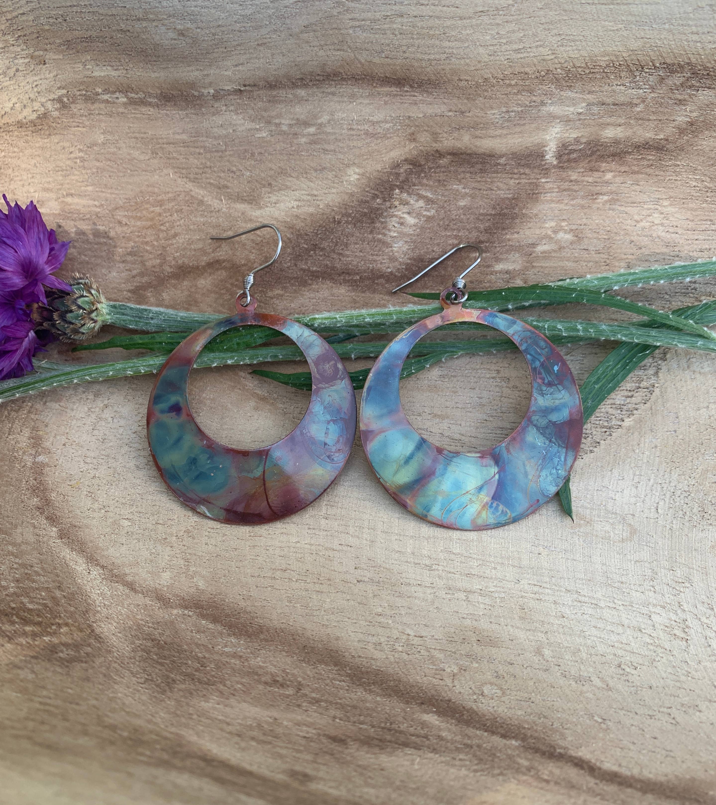 Boho Large circle earrings with unique copper designs and colors, lightweight and featuring stainless steel French hooks.