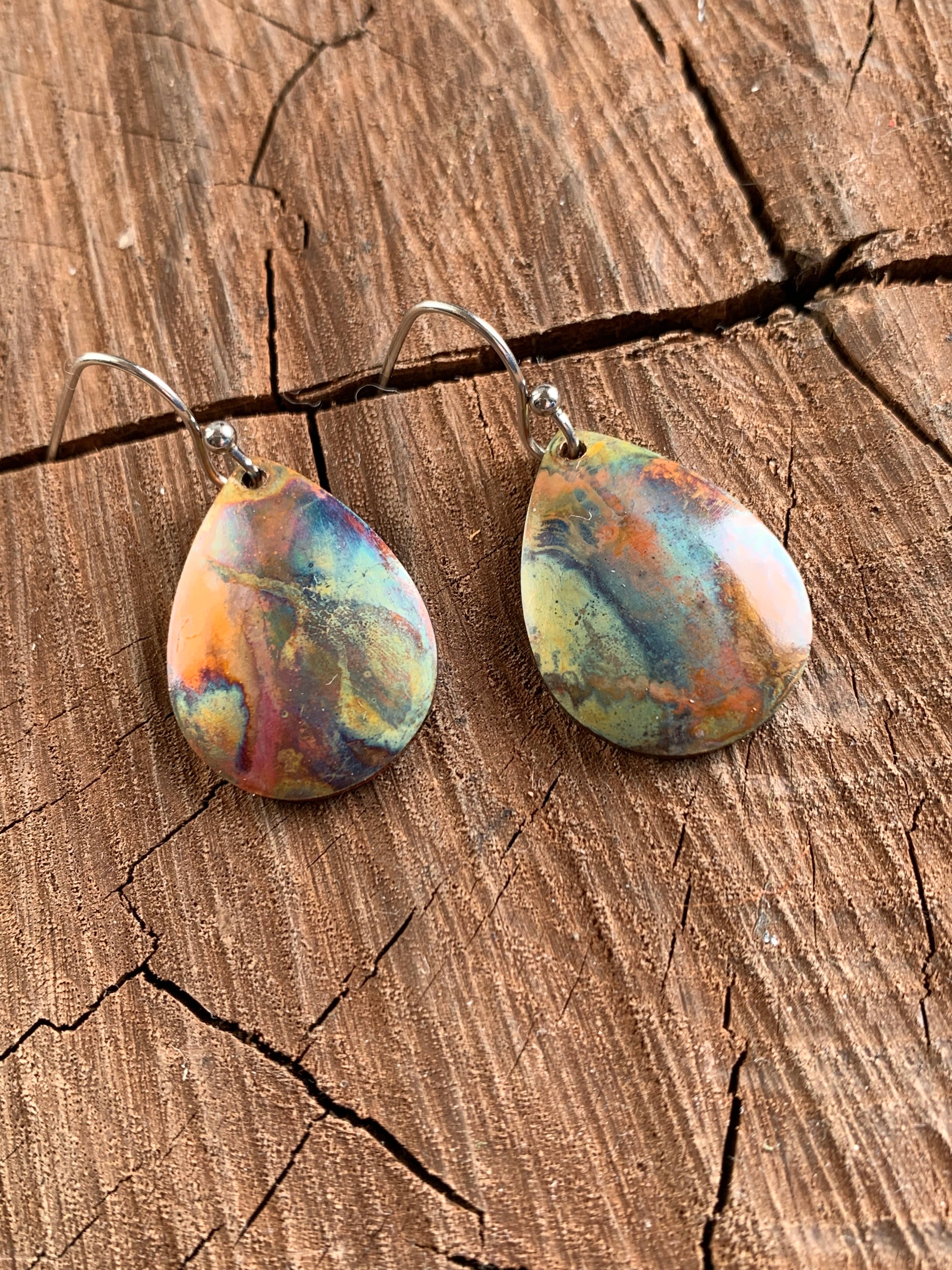 Small Teardrop Fire Painted Copper Earrings