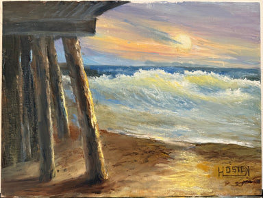 Oil painting of waves on a pier