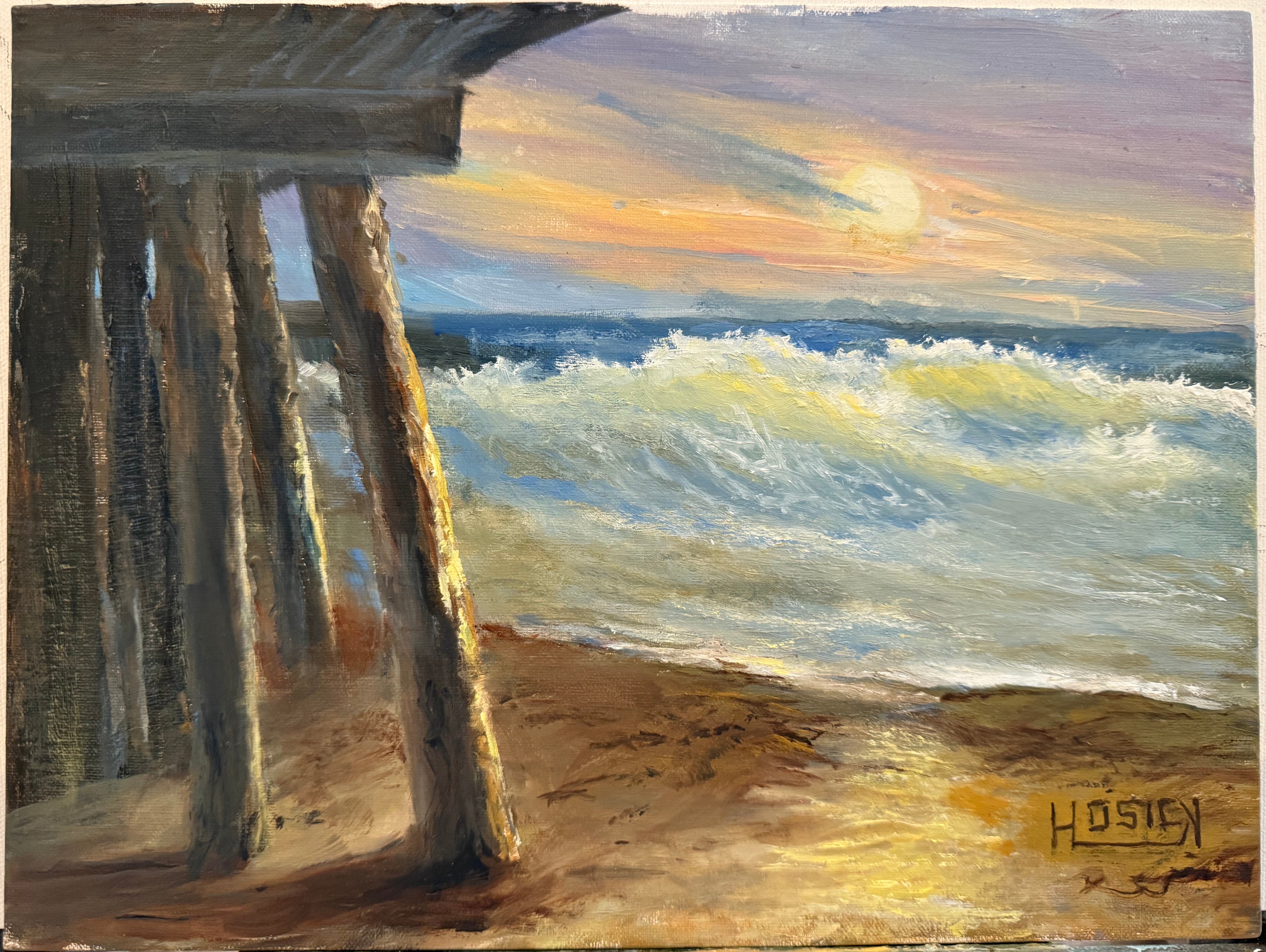 Oil painting of waves on a pier