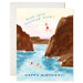 Adventure-themed birthday card illustrating a scene of people diving into water from rocky cliffs with the message 'Dive into another year!', from the Karen Schipper Card Collection.