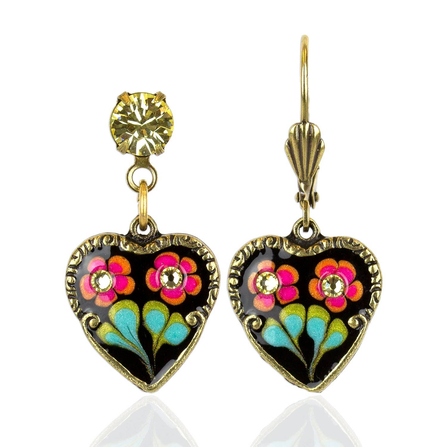 Kahala Rose Jill's Garden Crystal Heart Charm Earrings featuring vibrant hand-painted flowers in pink, orange, and turquoise against a black enameled heart. Crafted by Anne Koplik Designs.