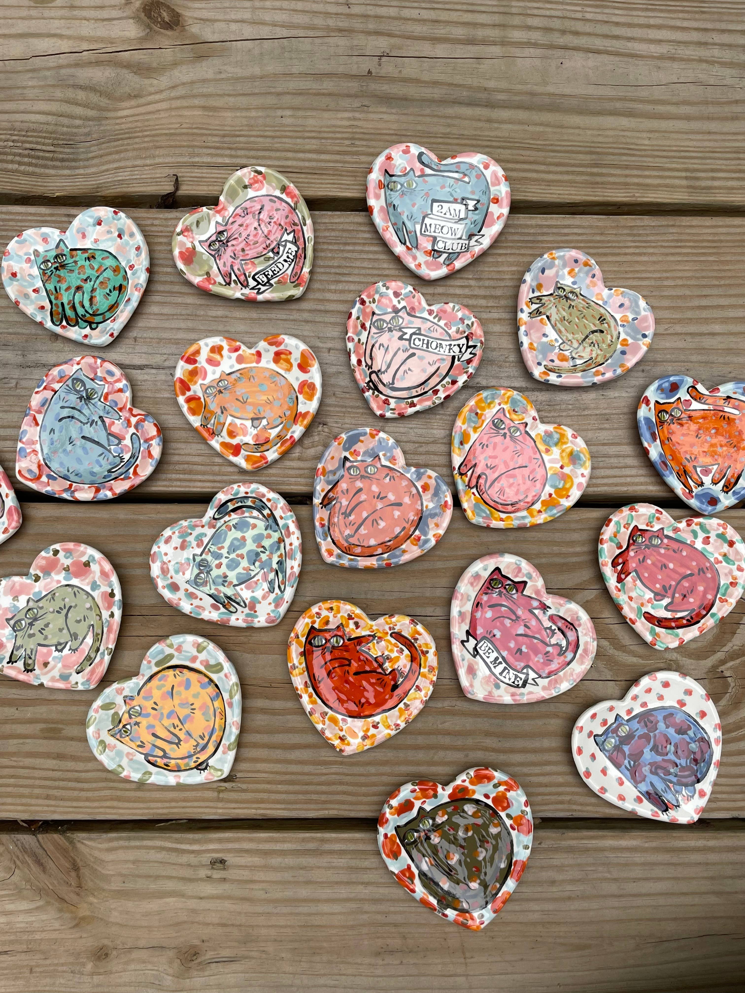 Hand-painted Ceramic Heart Kitty Dish available in small to large sizes, ideal for home decor or gift giving.