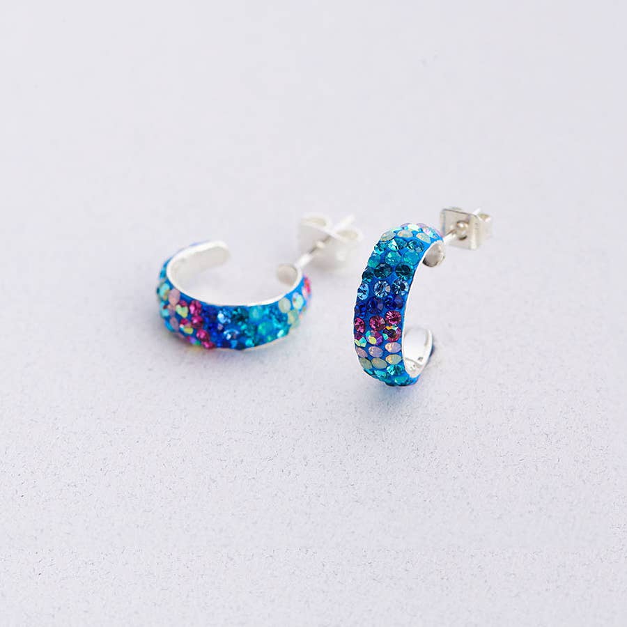 Petite Crystal & Silver Huggie Earrings – Unique Colorful Design showcasing vibrant crystals and elegant silver for a fresh look.
