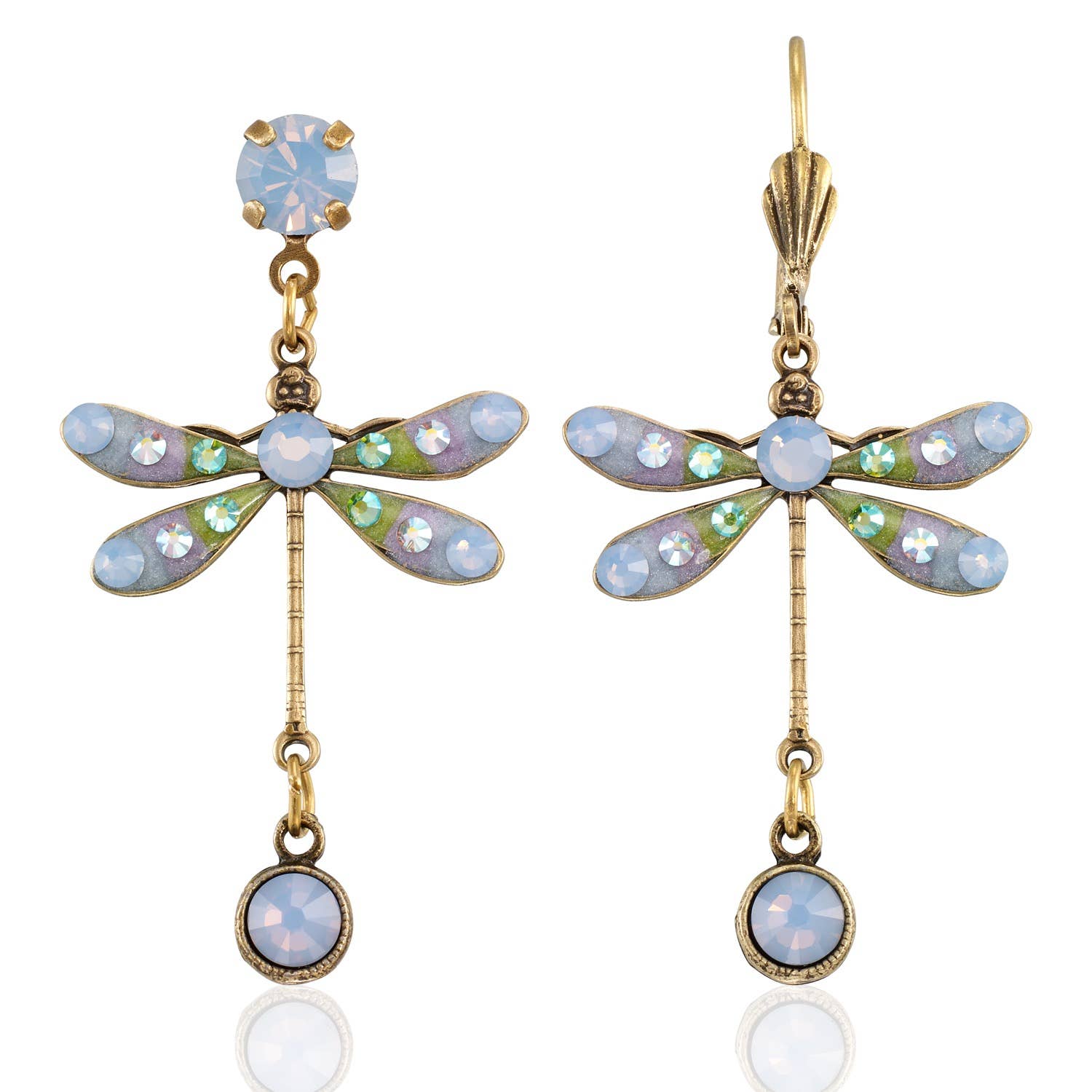 Light Blue Pastel Dream Dragonfly Crystal Drop Earring featuring enchanting shades of blue, green, and lavender, perfect for springtime, made with antiqued brass and surgical steel accents.