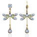 Light Blue Pastel Dream Dragonfly Crystal Drop Earring featuring enchanting shades of blue, green, and lavender, perfect for springtime, made with antiqued brass and surgical steel accents.