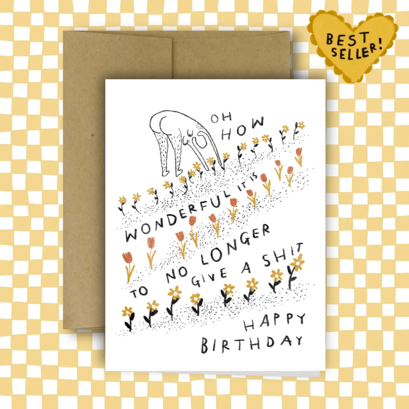 Birthday card with hand-drawn illustration and text 'oh how wonderful it is to no longer give a shit, Happy Birthday'