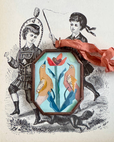 Vintage-style folk bird art locket ornament.
