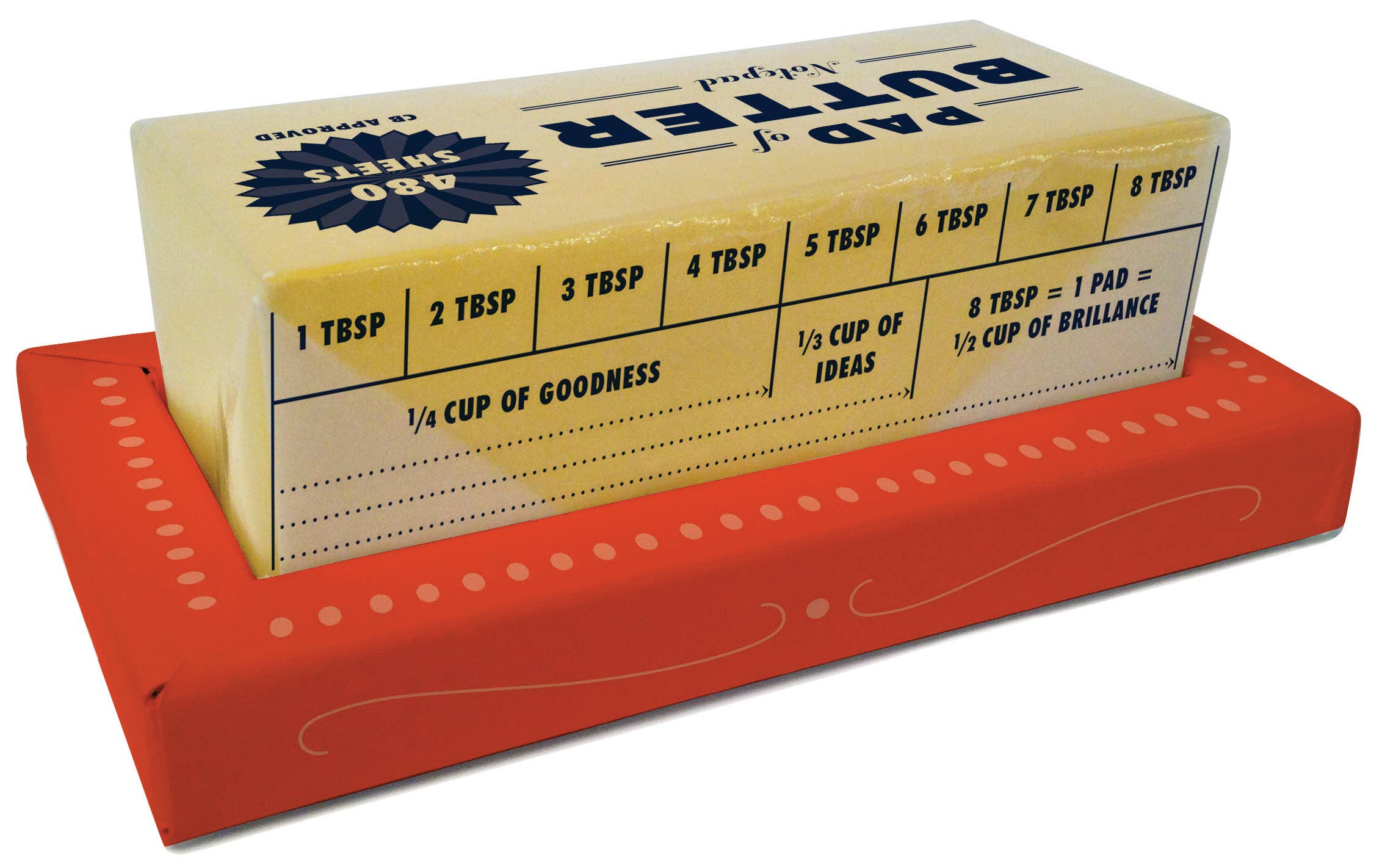 Top view of the Pad of Butter notepad by Chronicle Books, showing a whimsical layout with measurements for creativity on 480 sheets.