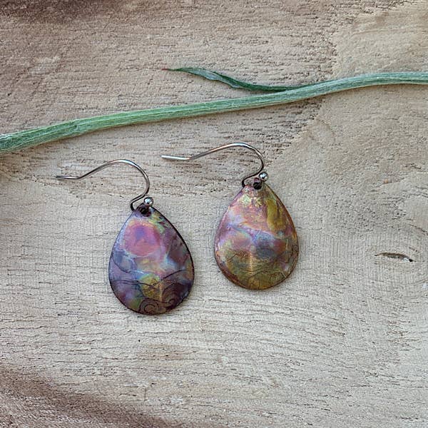 Small Teardrop Fire Painted Copper Earrings