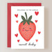 Firefly Paper Studio Card Collection featuring a whimsical greeting card design with a smiling strawberry and hearts, captioned 'Welcome to the World Sweet Baby', ideal for celebrating new births.