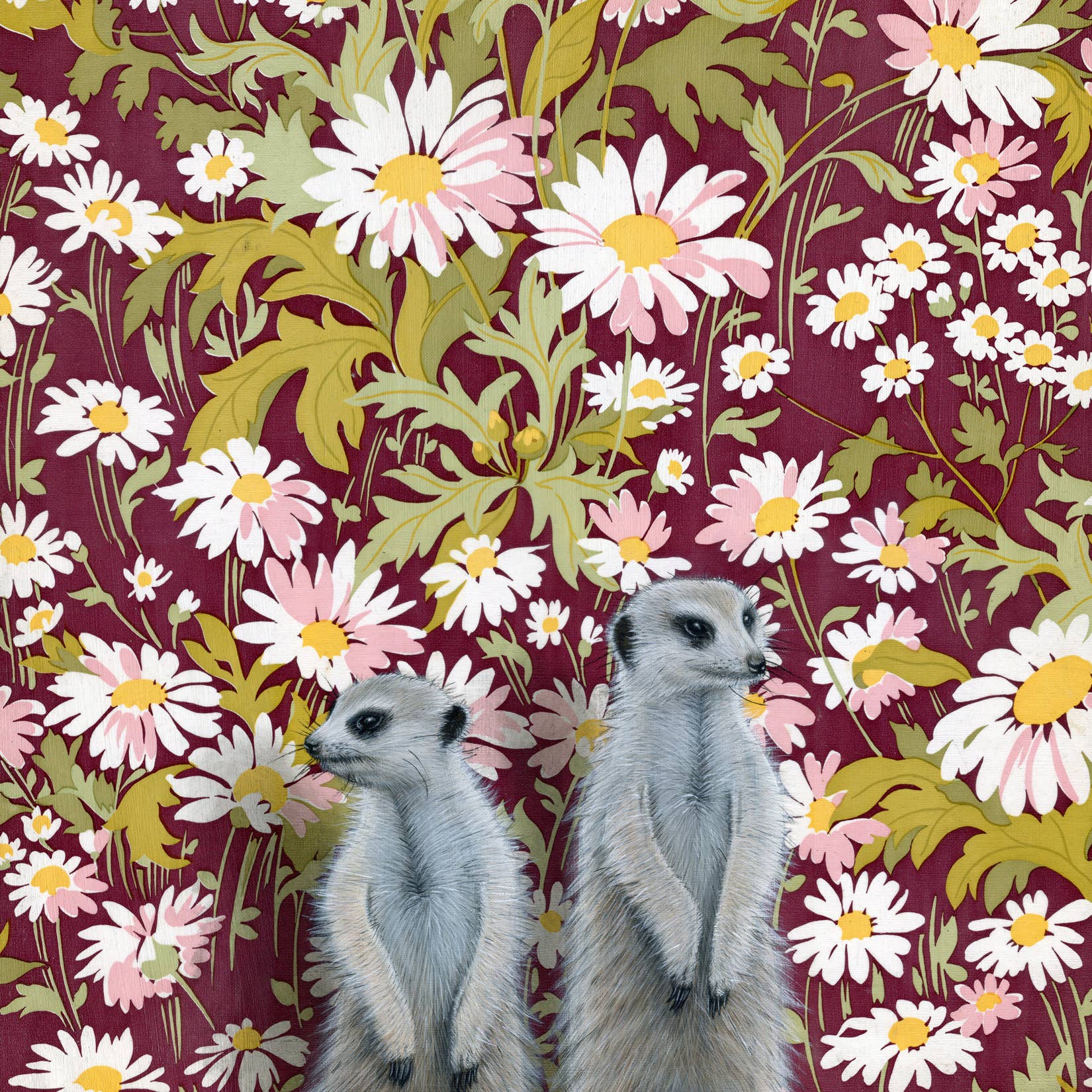 Detailed illustration of two meerkats by Emily Uchytil, set against a colorful floral background, showcasing the fine art print quality.