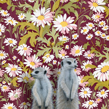 Detailed illustration of two meerkats by Emily Uchytil, set against a colorful floral background, showcasing the fine art print quality.
