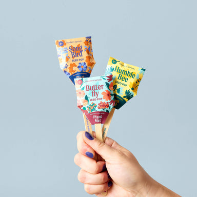 A hand holding three colorful seed pops from Modern Sprout labeled Song Bird, Butterfly, and Humble Bee, perfect for creating a pollinator garden.