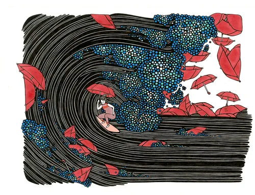 Kris Goto Assorted 5x7 Prints illustrating a dynamic surf scene with a figure navigating a wave, highlighted with floating red umbrellas and patterned waves. A charming addition for fans of imaginative coastal artwork.