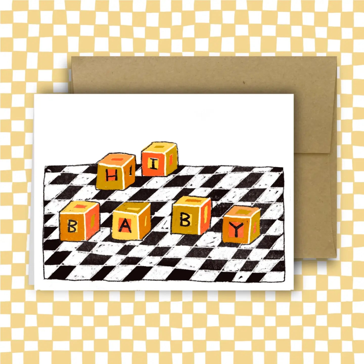 Greeting card with baby blocks spelling 'Hi BABY' on a checkered background